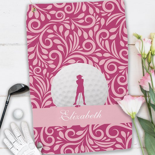 Golfer Lady Silhouette Roze Girly Custom Name Golfhanddoek