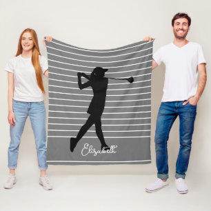 Golfer Silhouet Vrouw Monogram Naam Grijs Zwart Fleece Deken