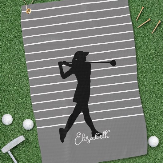 Golfer Silhouette Monogrammed Name Black Grey Golfhanddoek