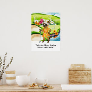Golfer staat op de green voor Siamese kat liefhebb Poster