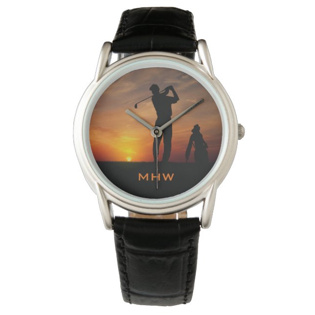 Golfer Sunset aangepaste monogram horloges (Voorkant)