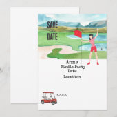 Golfervrouw met rode golfkar op groene spaardatum kaart (Voorkant / Achterkant)