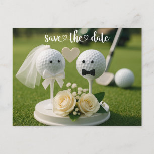 Golfhuwelijk met twee golfballen op groen gras briefkaart