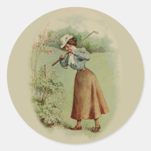 Golfing Lady Art Ronde Sticker