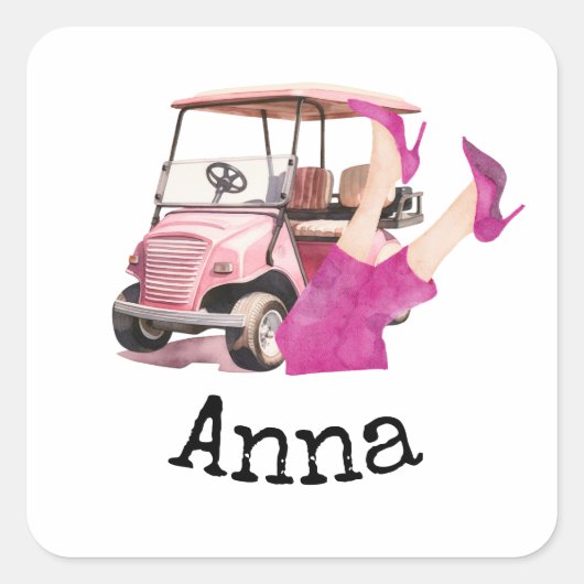 Golfkar en roze hoge hak schoenen vrouw golfer vierkante sticker (Voorkant)