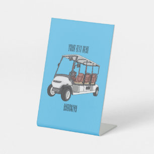 Golfkar / golfbuggy cartoon illustratie reclamebord met voetstuk
