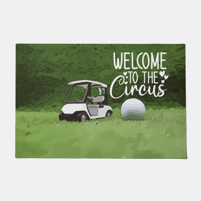 Golfkar met golfbal welkom in het circus deurmat (Voorkant)