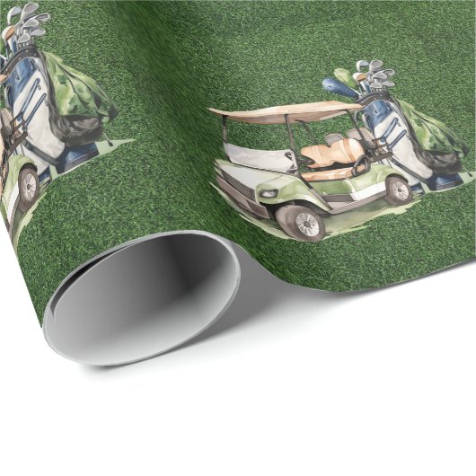 Golfkar met golftas op groene gras achtergrond cadeaupapier (Rol Hoek)