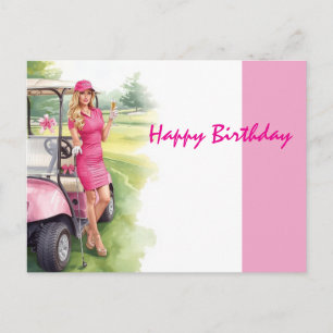 Golfkar met Happy Birthday vrouwelijke golfer ROZE Briefkaart