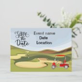 Golfkar op golfbaan, uitnodiging golfer (Staand voorkant)