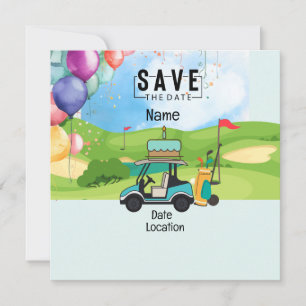Golfkart met Birthday Save the Date for golfer Kaart