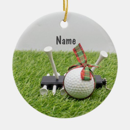 Golfkerst met golfbal kerstlintje keramisch ornament (Voorkant)