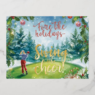Golfkerst met Golfer op groen onder sneeuw Folie Feestdagen Briefkaart
