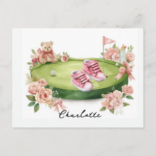 Golfmeisje baby shower met roze teddybeer  briefkaart