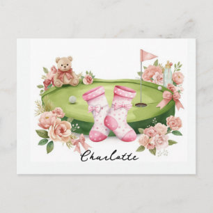 Golfmeisje baby shower met roze teddybeer briefkaart