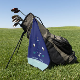 Golfspeler Naam, clubs & ballen stijlvol BLAUW Golfhanddoek