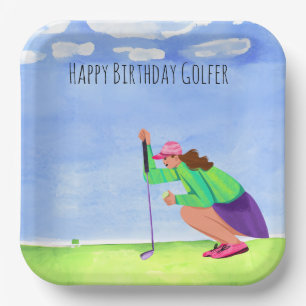 Golfvrouw speelt golf-Birthday-golfer Papieren Bordje