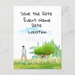 Golfvrouw speelt golf Save the Date party Briefkaart