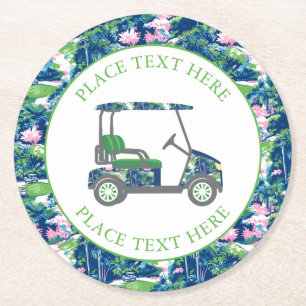 Golfwagentje met preppy golfprint ronde kartonnen onderzetter