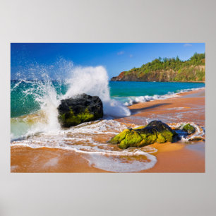 Golven botsten op het strand, Hawaii Poster