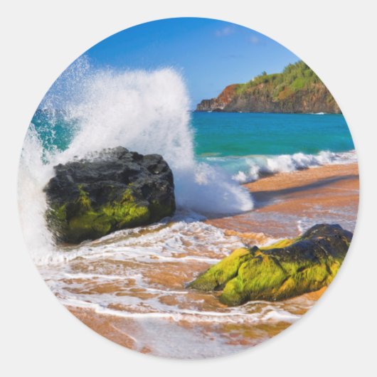 Golven botsten op het strand, Hawaii Ronde Sticker (Voorkant)