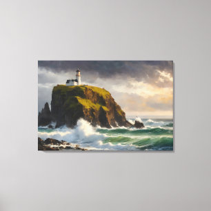 Golven en wind in het zee en de sombere sfeer canvas afdruk