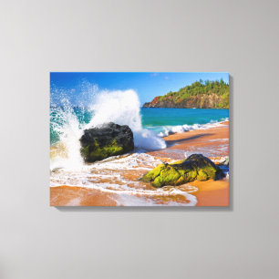 Golven slaan op het strand, Hawaï Canvas Afdruk