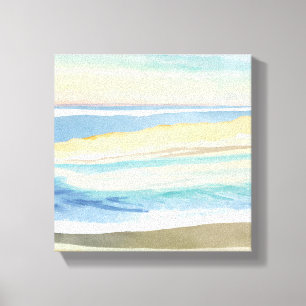 Golven van Blauw   Oceaan Strand Waterverf Canvas Afdruk