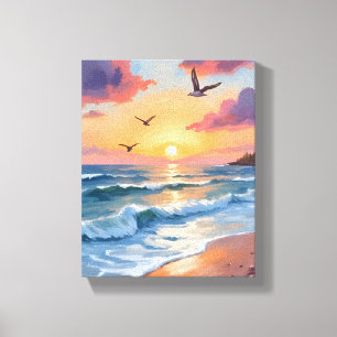 Golven van de oceaan Zonsondergang   Olie Schilder Canvas Afdruk