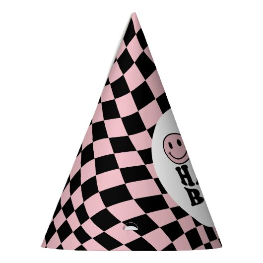 golvend geruit roze preppy glimlach een gelukkig b feesthoedjes (Links)