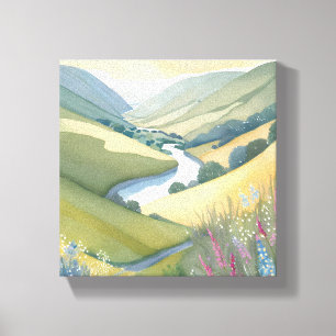 Golvend Heuvels Landschap Waterverf Mooie Canvas Afdruk
