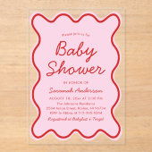 Golvend Modern Curvy Retro Roze en Rood Baby showe Acryl Uitnodigingen (Voorkant)