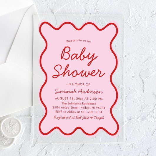 Golvend Modern Curvy Retro Roze en Rood Baby showe Acryl Uitnodigingen