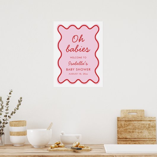 Golvend Modern Curvy Retro Roze en Rood Baby showe Poster (Keuken)