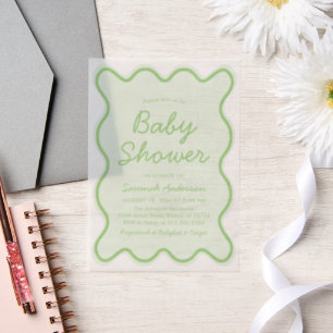 Golvend Modern Curvy Retro Sage Groen Baby shower Vellum Uitnodigingen
