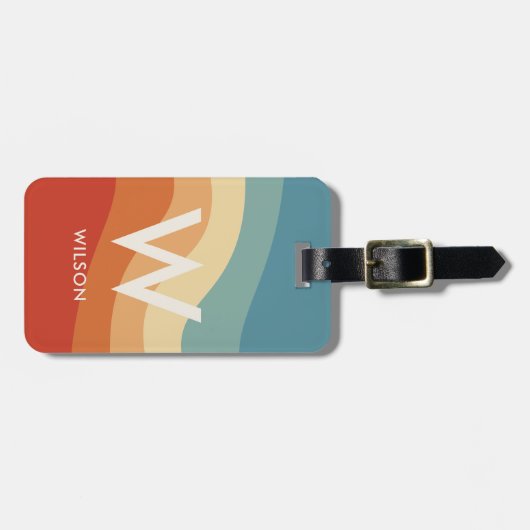 Golvend Retro Gestreept Monogram Persoonlijk Bagagelabel (Voorkant horizontaal)