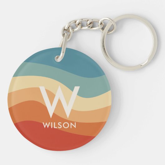 Golvend Retro Gestreept Monogram Persoonlijk Sleutelhanger (Achterkant)