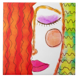 Golvend Rood Haar Abstracte Digitale Schildering Tegeltje