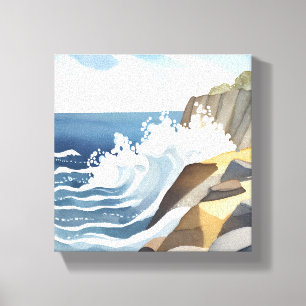 Golvende golven   Rotsachtige kustwaterverf Canvas Afdruk