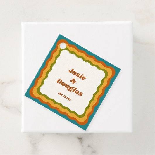 golvende grens retro jaren '70 esthetische bruilo bedankjes labels (In situ)