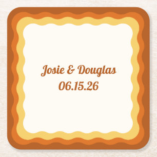 golvende grens retro jaren '70  esthetische bruilo vierkante kartonnen onderzetter