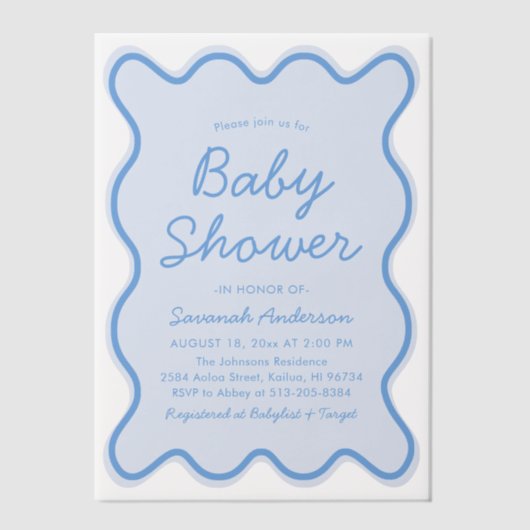 Golvende Modern Curvy Retro Stoffig Blauw Baby sho Vellum Uitnodigingen (Voorkant)