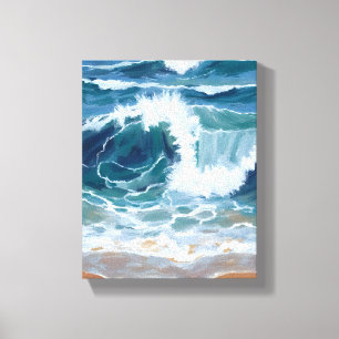 Golvende Oceaan golven Kust Blauw Aquarel Canvas Afdruk