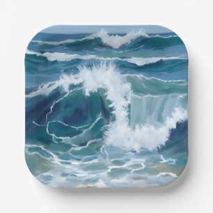 Golvende Oceaan golven Kust Blauw Aquarel Papieren Bordje