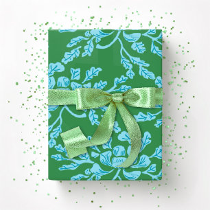 Golvende Pioen Houtsnede in Groen en Aqua Cadeaupapier