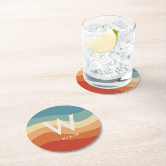 Golvende Retro Gestreepte Monogram Persoonlijke Pa Ronde Kartonnen Onderzetter (Insitu)