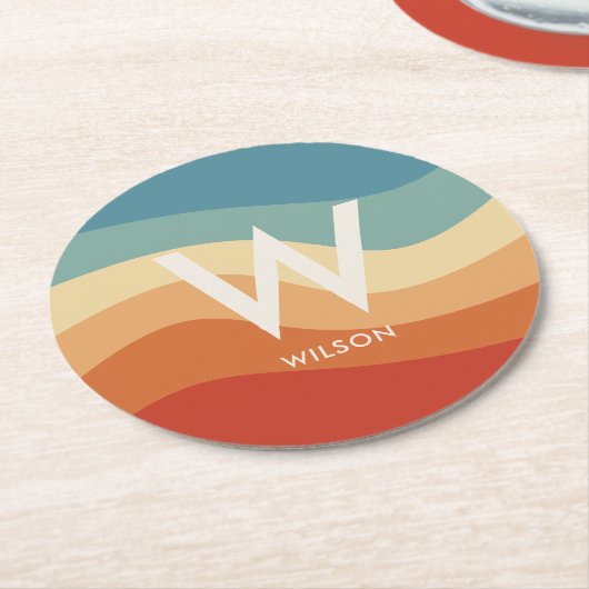 Golvende Retro Gestreepte Monogram Persoonlijke Pa Ronde Kartonnen Onderzetter (Gebogen)