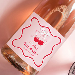 Golvende Rode Roze Kers Op Top Freule Champagne Sparkling Wijnetiket