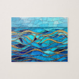Golvenzee Blauw en Goud Mozaïek Kunst Legpuzzel
