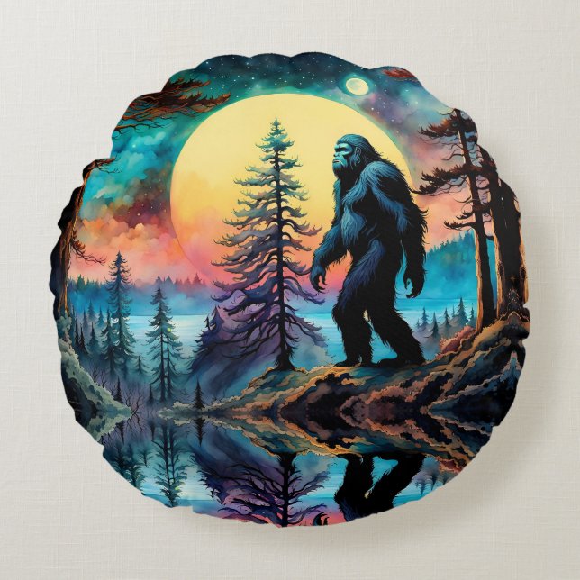 Gone Squatchin' Kleurrijke Sasquatch Landschap Rond Kussen (Voorkant)